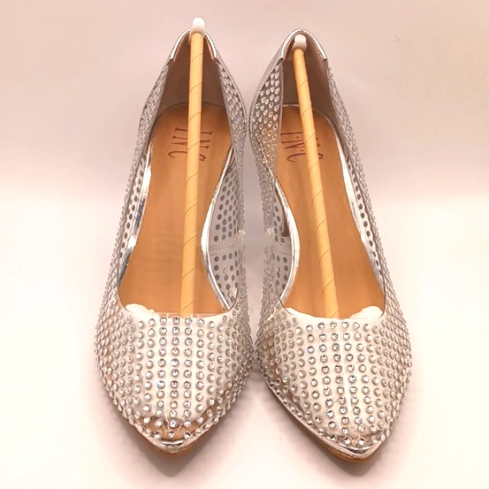 NWT Womens sexy bridal heels Size 8W Clear Vinyl Rhinestone Silver heels 8 wide - Picture 16 of 17